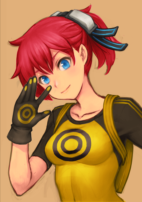 1girl, aiba_ami, backpack, bag, blue_eyes, breasts, digimon, digimon_story:_cyber_sleuth, getter_ichi, gloves, goggles, goggles_on_head, leaning_to_the_side, looking_at_viewer, medium_breasts, print_shirt, raglan_sleeves, redhead, shirt, side_ponytail, skin_tight, smile, t-shirt, upper_body, yellow_shirt