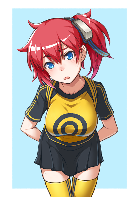 1girl, aiba_ami, arms_behind_back, backpack, bag, black_skirt, blue_background, blue_eyes