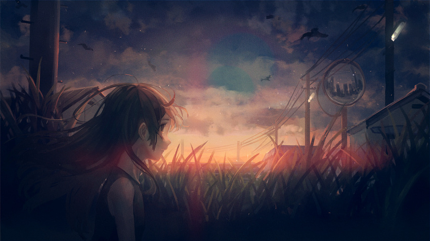1girl, backlighting, bird, black_hair, brown_eyes, city, clouds, cloudy_sky