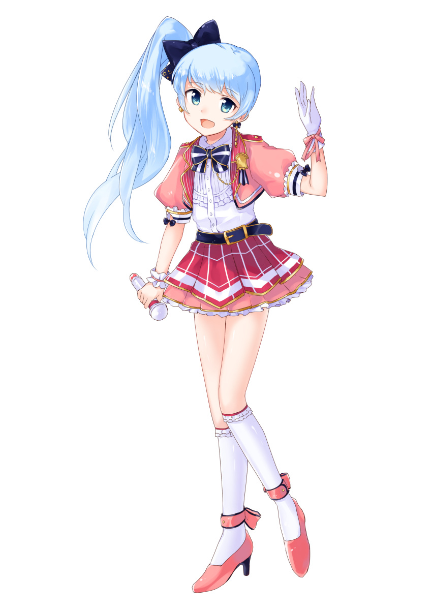 1girl, absurdres, ankle_cuffs, apron, arm_at_side, badge, bangs, belt