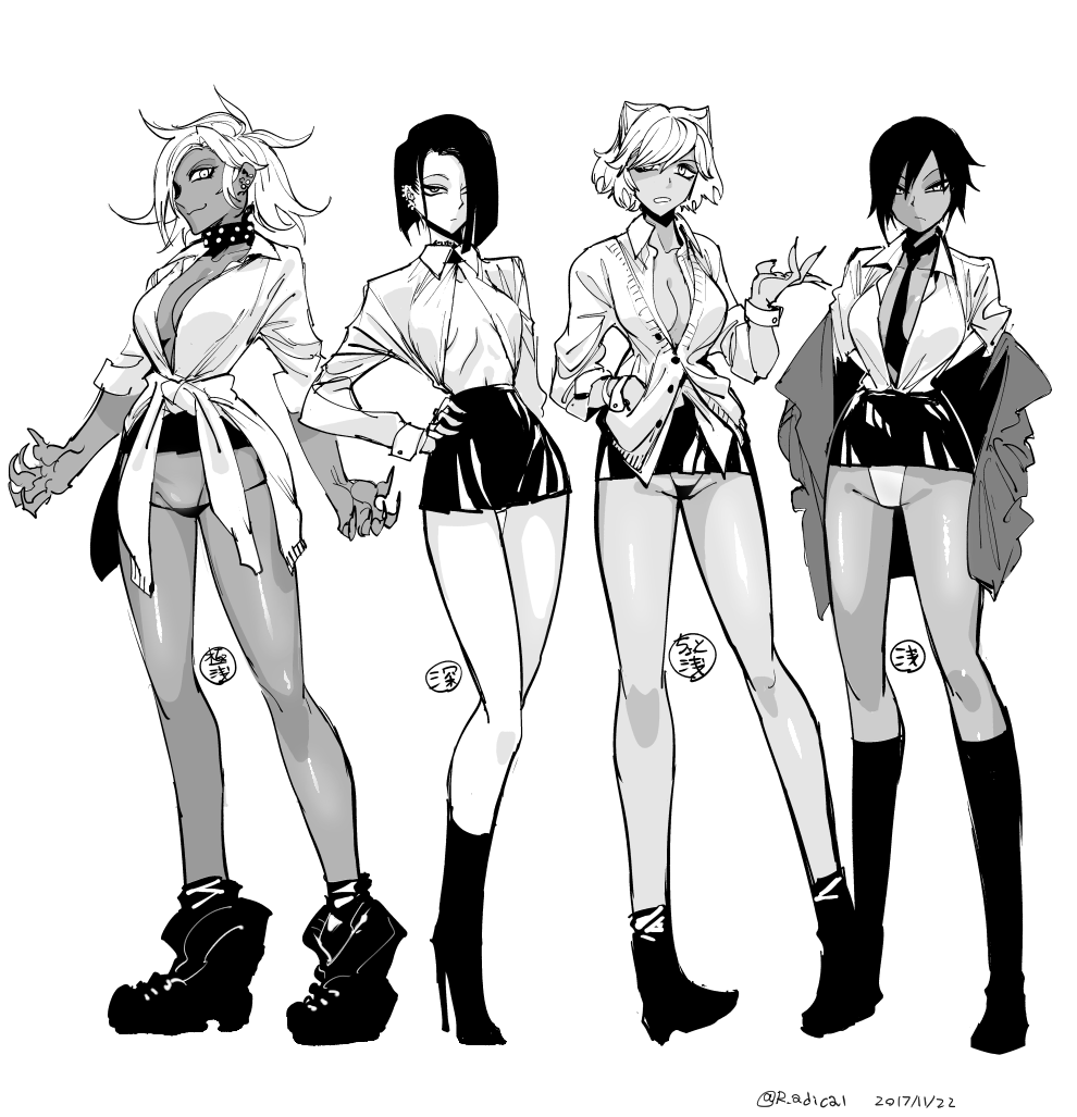 4girls, :3, breasts, cleavage, collar, dark_skin, ear_piercing, fingernails, greyscale, gyaru, hair_over_one_eye, hand_in_pocket, hand_on_hip, high_heels, kneehighs, looking_at_viewer, mado_(mukade_tou), micro_panties, monochrome, multiple_girls, necktie, original, panties, piercing, school_uniform, sharp_fingernails, short_hair, simple_background, skirt, underwear, white_background