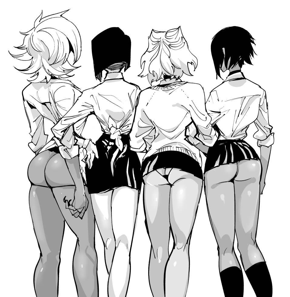 4girls, ass, back, greyscale, hand_on_hip, locked_arms, long_hair, mado_(mukade_tou), monochrome, multiple_girls, original, panties, school_uniform, short_hair, simple_background, skirt, underwear, white_background