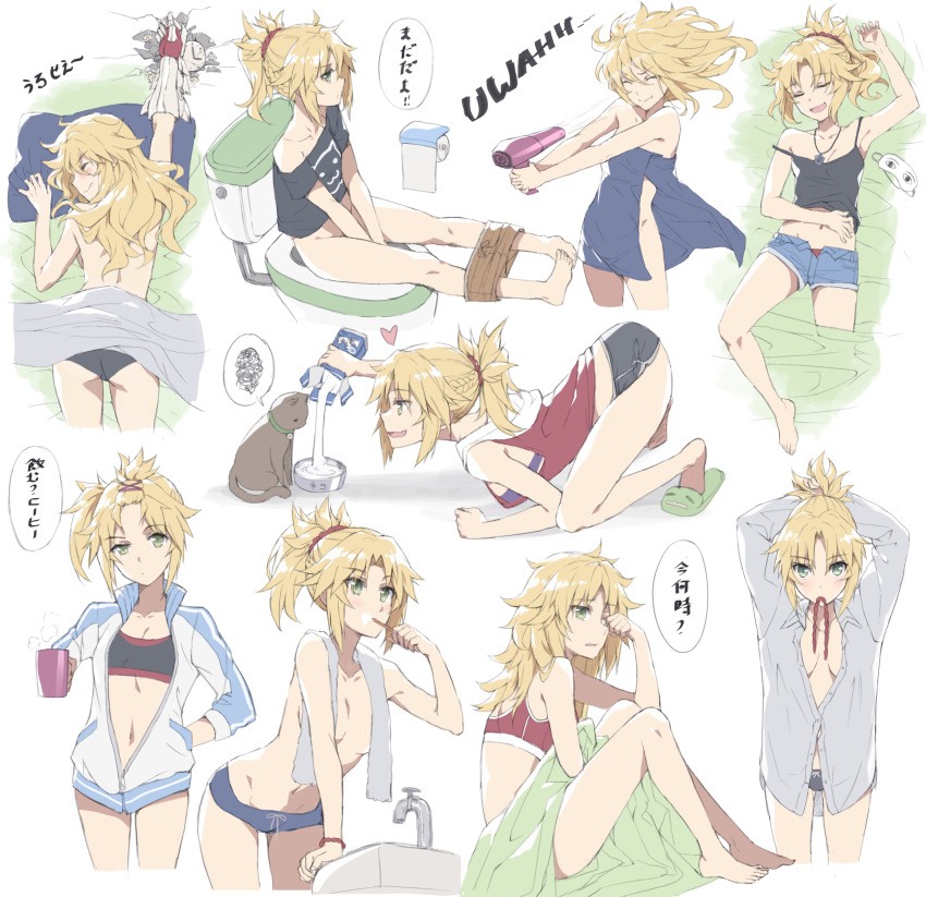 1girl, absurdres, alternate_hairstyle, bare_shoulders, barefoot, black_panties, blonde_hair, blue_towel