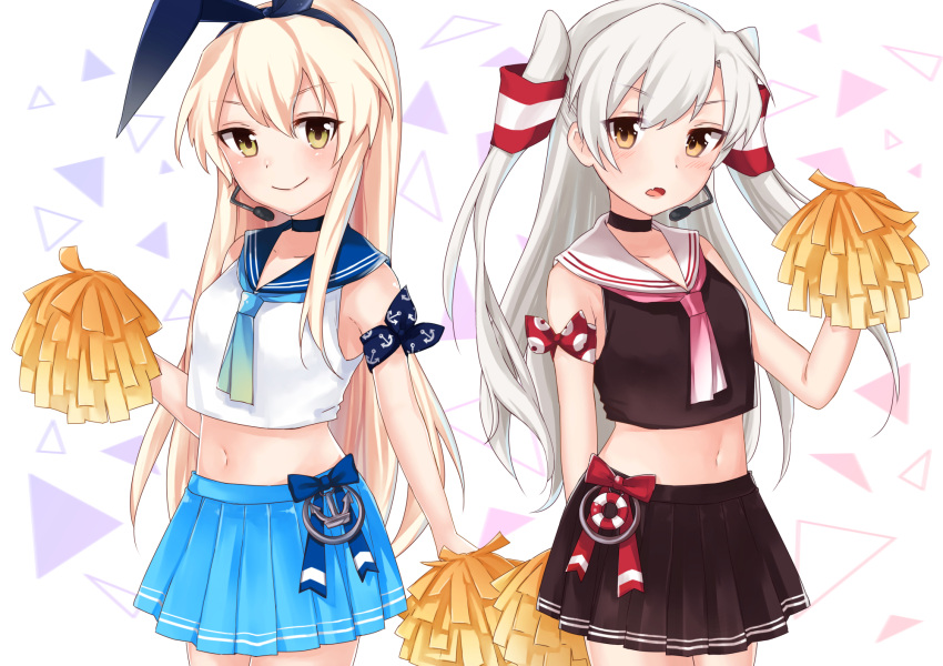 2girls, abstract_background, amatsukaze_(kantai_collection), anchor, animal_ears, arm_at_side, arm_behind_back, arm_wrap