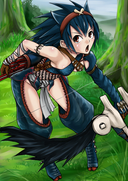 arrow, black_hair, bow_(weapon), brown_eyes, capcom, monster_hunter, nargacuga_(armor), naruga