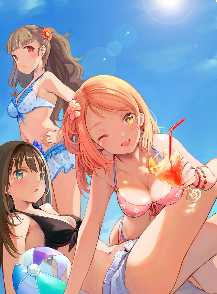 3girls, :o, ;d, all_fours, arm_support, ball, bangs, bare_arms