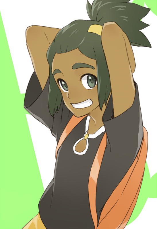 1boy, backpack, bag, dark_skin, dark_skinned_male, green_hair, hau_(pokemon), mocollie