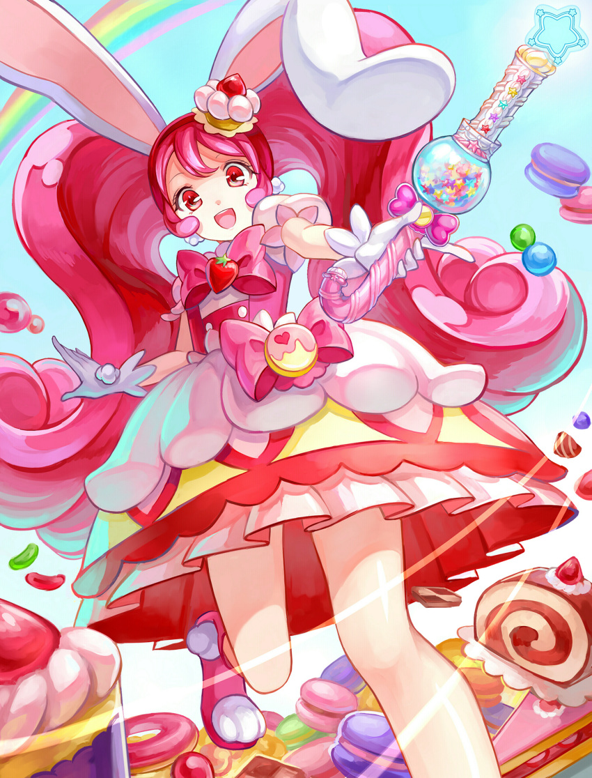 1girl, animal_ears, bow, cake, cake_hair_ornament, candy, caperata_(towahuyu), cropped_legs, cure_whip, doughnut, dress, food, food_themed_hair_ornament, gloves, hair_ornament, highres, holding, holding_wand, kirakira_precure_a_la_mode, layered_dress, long_hair, looking_at_viewer, macaron, magical_girl, pink_bow, pink_footwear, pink_hair, precure, puffy_sleeves, rabbit_ears, rainbow, red_eyes, shoes, smile, solo, standing, standing_on_one_leg, swiss_roll, twintails, usami_ichika, wand, white_gloves