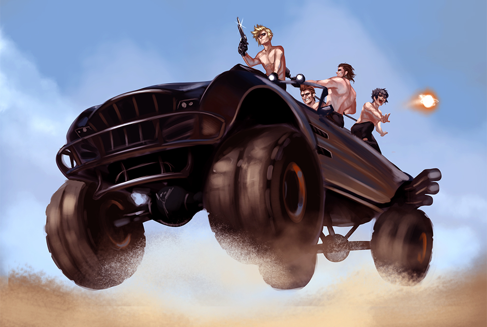 4boys, amano-g, car, driving, final_fantasy, final_fantasy_xv, gladiolus_amicitia, ground_vehicle