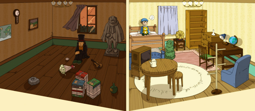 beri, book, brown_hair, chair, clock, flower, globe, hat, hershel_layton, indoors, luke_triton, professor_layton, room, shelf, statue, television, top_hat, window