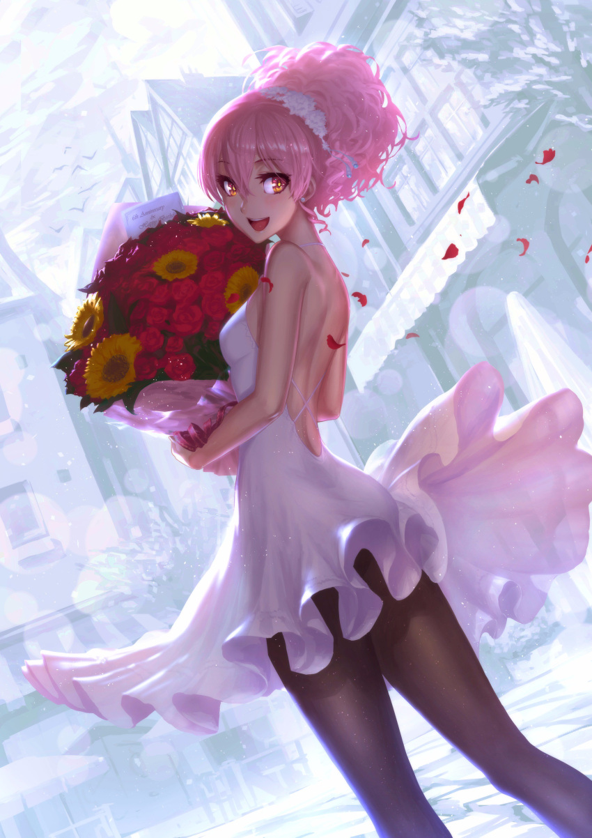 1girl, :d, absurdres, black_legwear, blush, bouquet, commentary_request, dress