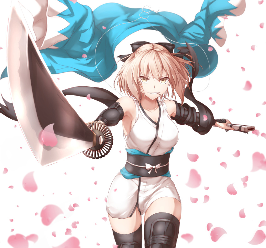1girl, black_legwear, black_ribbon, blonde_hair, breasts, cherry_blossoms, cleavage, collarbone
