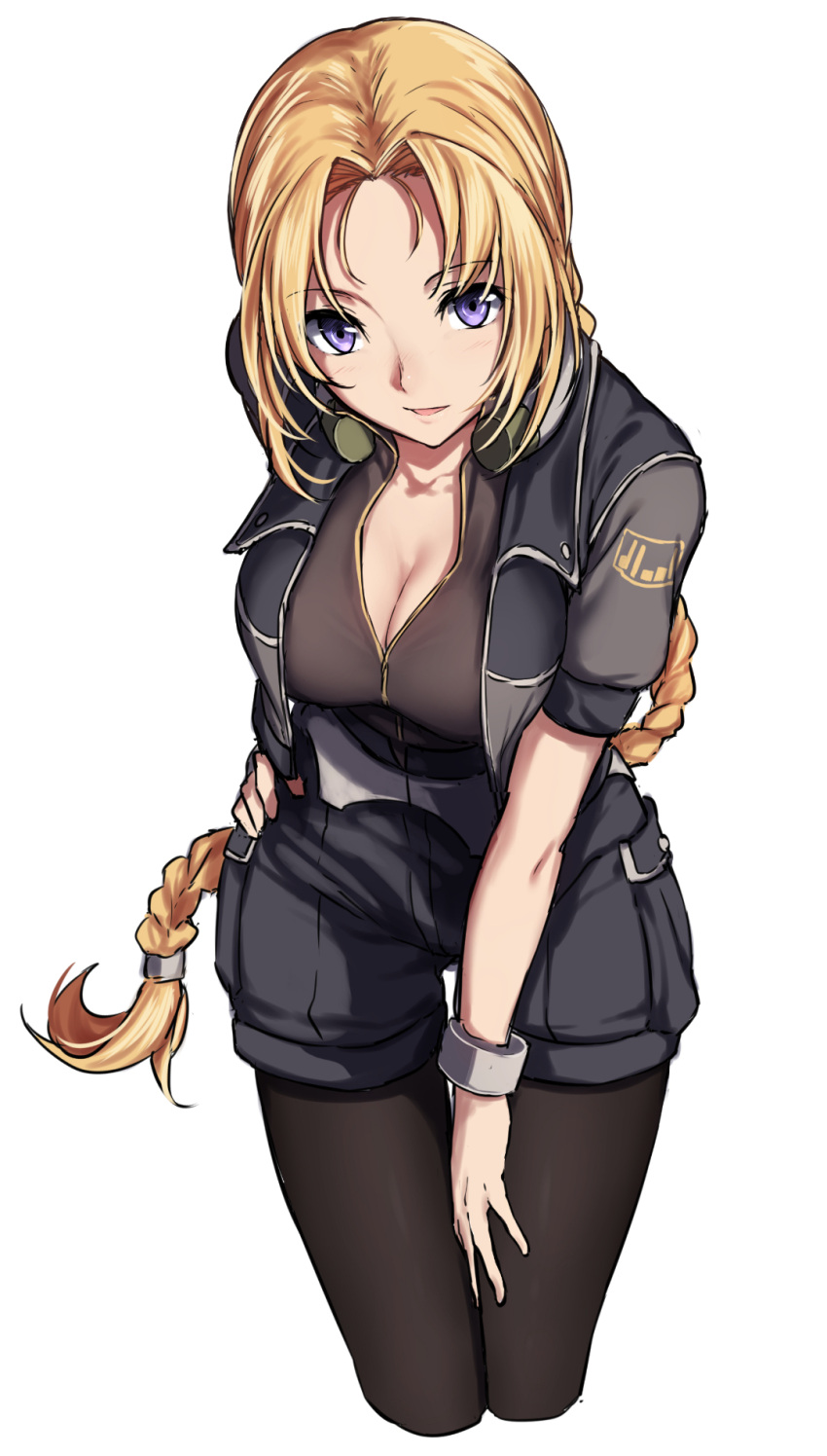 1girl, bangs, black_shorts, blonde_hair, blush, braid, breasts, cleavage