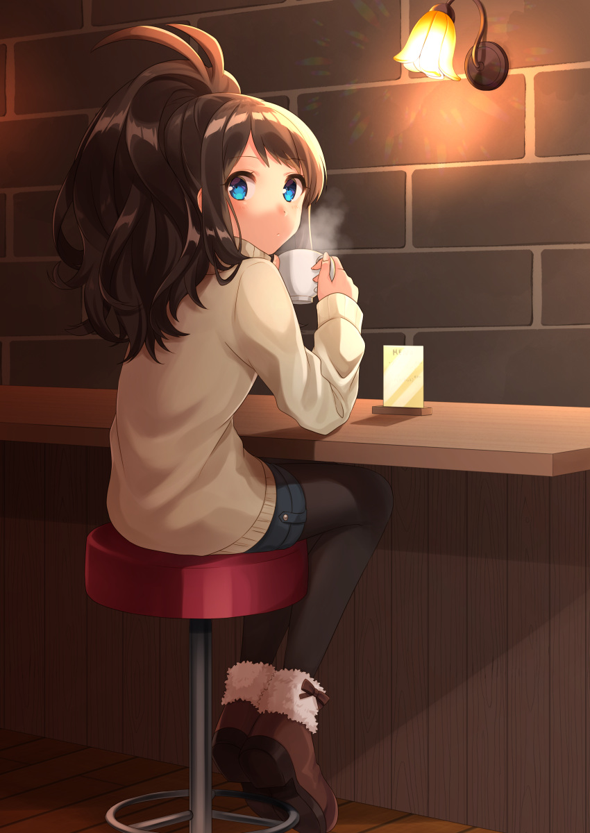 1girl, 1o_(ichio), absurdres, alternate_costume, black_legwear, blue_eyes, blush, brick_wall, brown_hair, cafe, coffee, coffee_mug, full_body, highres, indoors, long_hair, long_sleeves, looking_at_viewer, looking_back, pantyhose, pantyhose_under_shorts, pokemon, pokemon_(game), pokemon_bw, ponytail, shiny, shiny_hair, shorts, sitting, solo, stool, sweater, touko_(pokemon), turtleneck, turtleneck_sweater