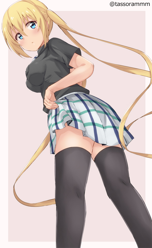 1girl, bangs, black_legwear, black_shirt, blend_s, blonde_hair, blue_eyes, blush, breast_pocket, breasts, brown_background, commentary_request, eyebrows_visible_through_hair, from_below, hair_between_eyes, hinata_kaho, long_hair, looking_at_viewer, looking_down, medium_breasts, pink_background, plaid, plaid_skirt, pleated_skirt, pocket, shirt, short_sleeves, simple_background, skirt, skirt_hold, solo, tasora, thigh-highs, twintails, twitter_username, two-tone_background, very_long_hair, white_skirt