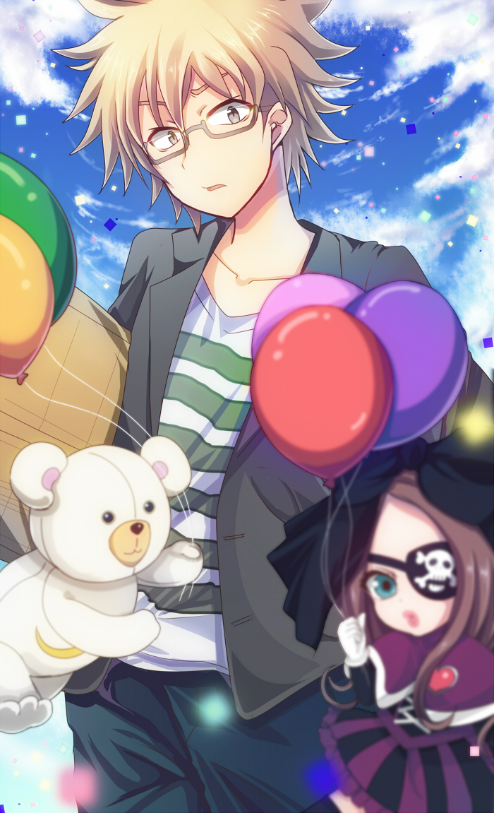1boy, 1girl, aqua_eyes, balloon, blue_sky, blurry, brown-framed_eyewear, brown_eyes