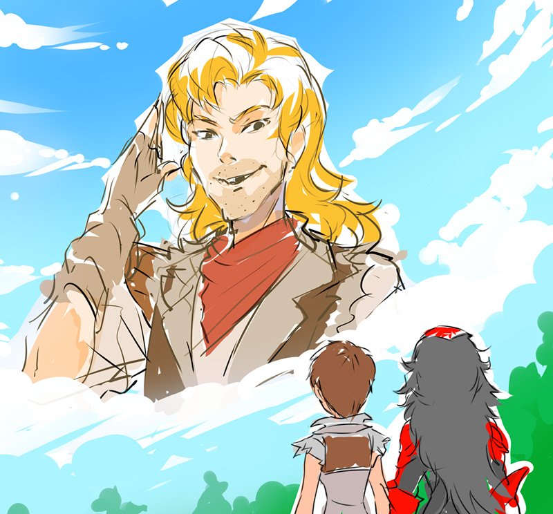1boy, 2girls, bandanna, blonde_hair, blue_sky, facial_hair, forest, from_behind