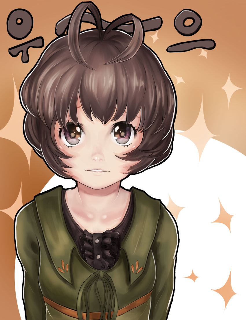 1girl, absurdres, antenna_hair, brown_background, brown_eyes, brown_hair, highres, kunogi_ai