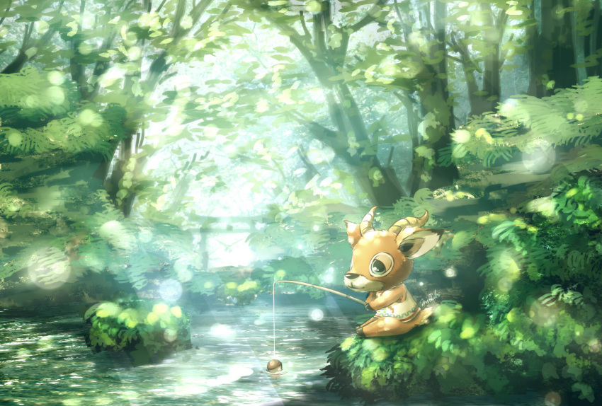 1boy, artist_name, deer, deer_ears, deer_tail, doubutsu_no_mori, fishing_rod, highres