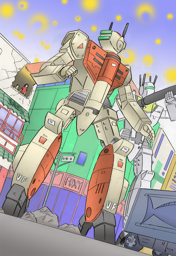 1girl, black_hair, choujikuu_yousai_macross, damaged, lynn_minmay, macross, mecha, miami_yokubou_kaigan