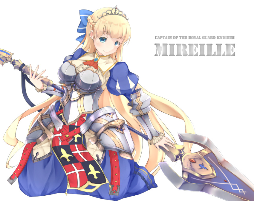 1girl, armor, blonde_hair, blue_bow, blue_eyes, bow, braid, breasts