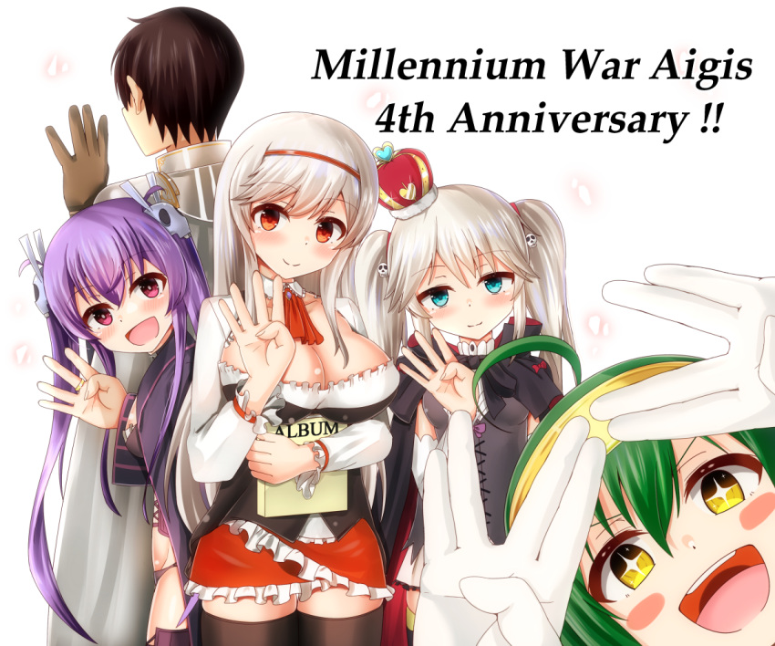+_+, 1boy, 4girls, :d, ahoge, anna_(sennen_sensou_aigis), anniversary, aqua_eyes