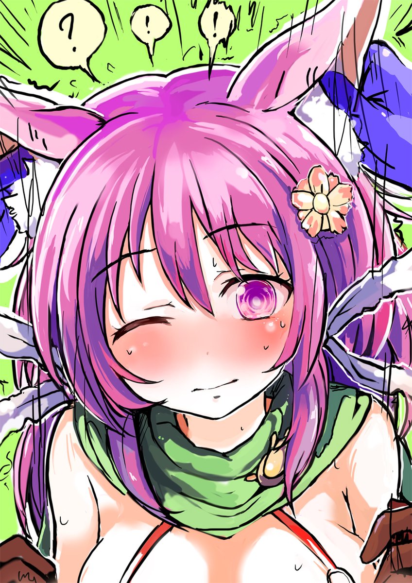 !, 1girl, ?, animal_ears, bashira_(sennen_sensou_aigis), blush, breasts, cat_ears, cleavage, gloves, green_background, hair_ornament, highres, kamemushi_(hoozuki), looking_at_viewer, pov, purple_hair, sennen_sensou_aigis, simple_background, speech_bubble, touching_ears, violet_eyes