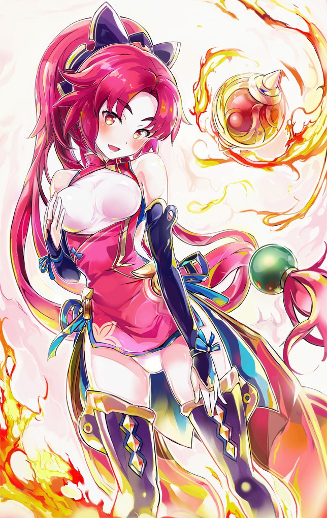 1girl, armband, breasts, china_dress, chinese_clothes, dress, fire, floating_object, hand_on_own_chest, kamemushi_(hoozuki), long_hair, looking_at_viewer, loretta_(sennen_sensou_aigis), orb, panties, red_eyes, redhead, sennen_sensou_aigis, solo, underwear, very_long_hair, white_panties
