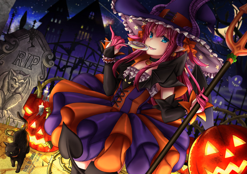 1girl, black_cat, black_legwear, blue_eyes, blush, bow, bridal_gauntlets, candy