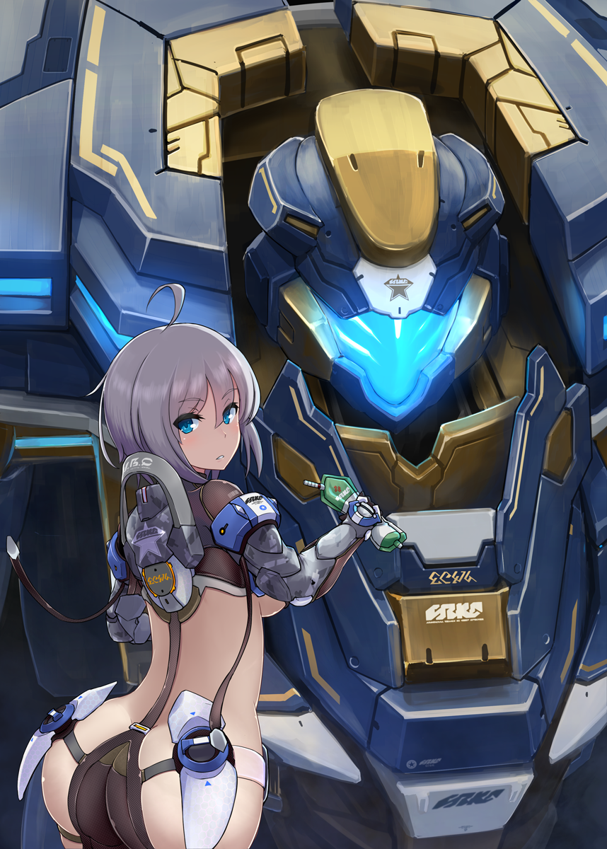 1girl, ahoge, ass, blue_eyes, blush, breasts, character_request, commentary_request, eyebrows_visible_through_hair, from_behind, fu_soulwave, grey_hair, hair_between_eyes, highres, holding, looking_at_viewer, looking_back, mecha, medium_breasts, parted_lips, phantasy_star, phantasy_star_online_2, solo