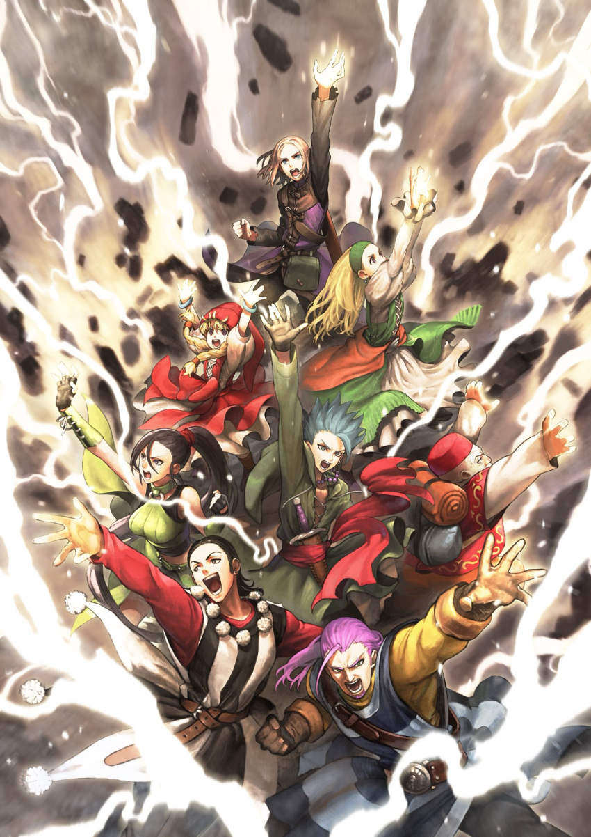 3girls, 5boys, arm_up, black_hair, blonde_hair, blue_hair, bracelet, braid, camus_(dq11), dagger, dragon_quest, dragon_quest_xi, dress, fez_hat, fingerless_gloves, gloves, greig, headband, hero_(dq11), highres, jewelry, jun_(seojh1029), long_hair, martina_(dq11), multiple_boys, multiple_girls, open_mouth, pom_pom_(clothes), ponytail, purple_hair, row_(dq11), senya_(dq11), smile, sylvia_(dq11), twin_braids, veronica_(dq11), weapon