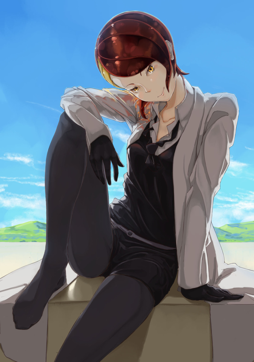 androgynous, black_gloves, black_legwear, black_neckwear, black_shorts, blue_sky, collared_shirt, day
