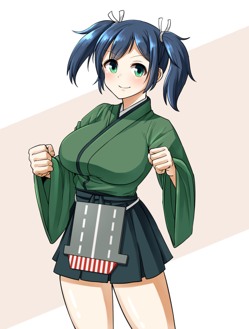 1girl, blue_hair, breasts, cowboy_shot, flight_deck, green_eyes, green_kimono, hair_ribbon
