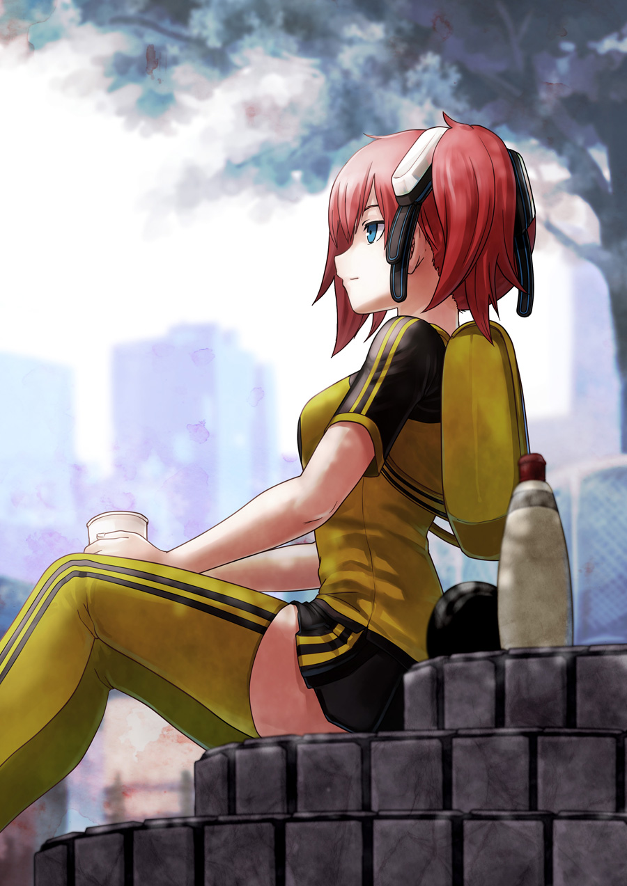 1girl, aiba_ami, backpack, bag, black_skirt, blue_eyes, city, cup