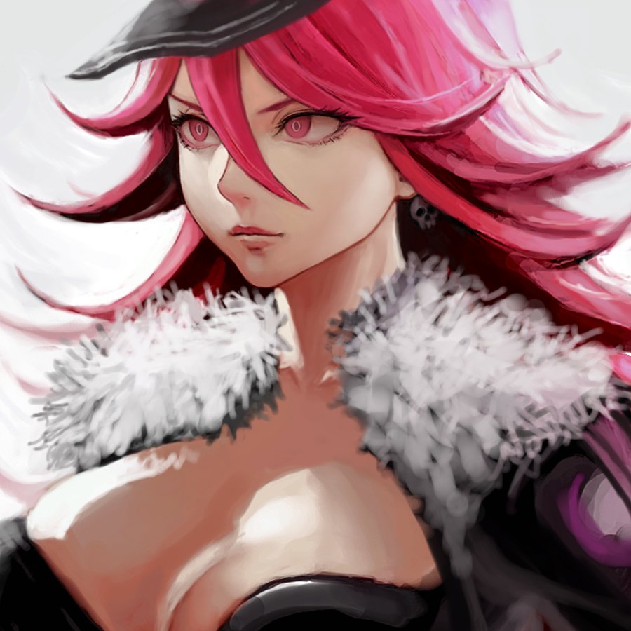 1girl, big_hair, breasts, cleavage, earrings, final_fight, hat, hiro1984