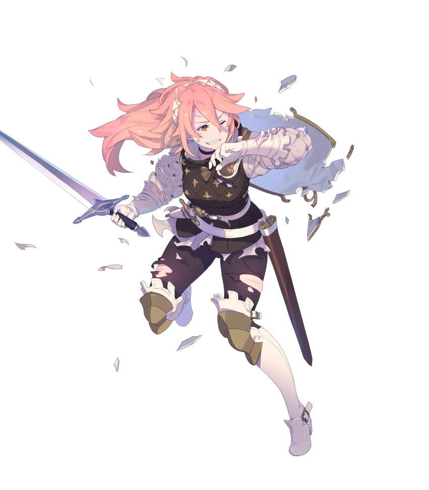 1girl, belt, broken_shield, brown_eyes, fire_emblem, fire_emblem_heroes, fire_emblem_if, full_body, gloves, grin, hairband, highres, holding, holding_weapon, knee_pads, looking_back, official_art, one_eye_closed, pink_hair, sheath, shield, smile, soleil_(fire_emblem_if), solo, sword, thigh-highs, torn_clothes, transparent_background, weapon, white_gloves