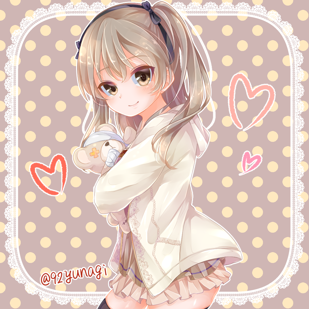 1girl, alternate_costume, bandage, bangs, black_legwear, black_ribbon, boko_(girls_und_panzer), brown_background