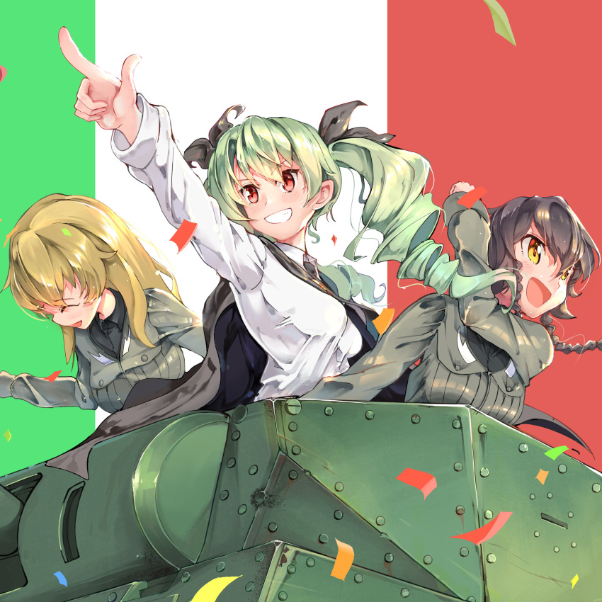 3girls, absurdres, anchovy, anzio_military_uniform, anzio_school_uniform, bangs, black_cape, black_hair