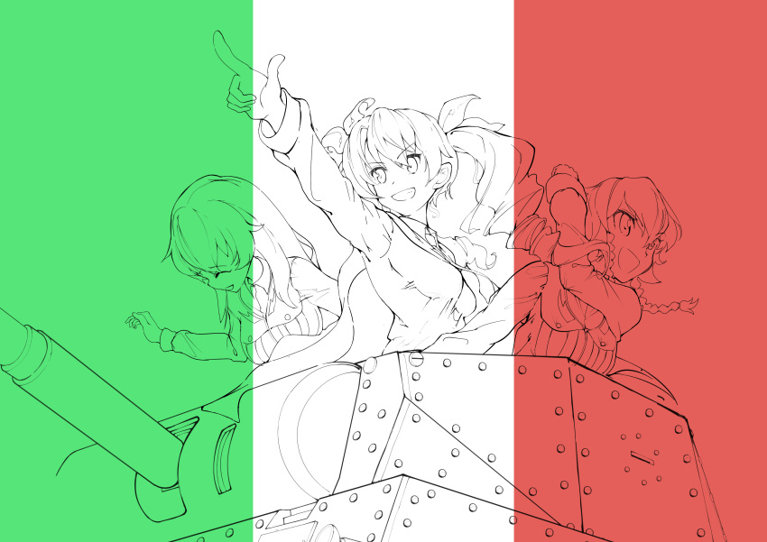 3girls, absurdres, anchovy, anzio_military_uniform, anzio_school_uniform, bangs, braid, cape, carpaccio, carro_armato_p40, closed_eyes, dress_shirt, drill_hair, eyebrows_visible_through_hair, feitendo, flag_background, girls_und_panzer, grin, ground_vehicle, hair_ribbon, highres, italian_flag, jacket, laughing, long_hair, long_sleeves, military, military_uniform, military_vehicle, motor_vehicle, multiple_girls, necktie, open_mouth, outline, pepperoni_(girls_und_panzer), pointing, ribbon, school_uniform, shirt, short_hair, side_braid, smile, tank, twin_drills, twintails, uniform