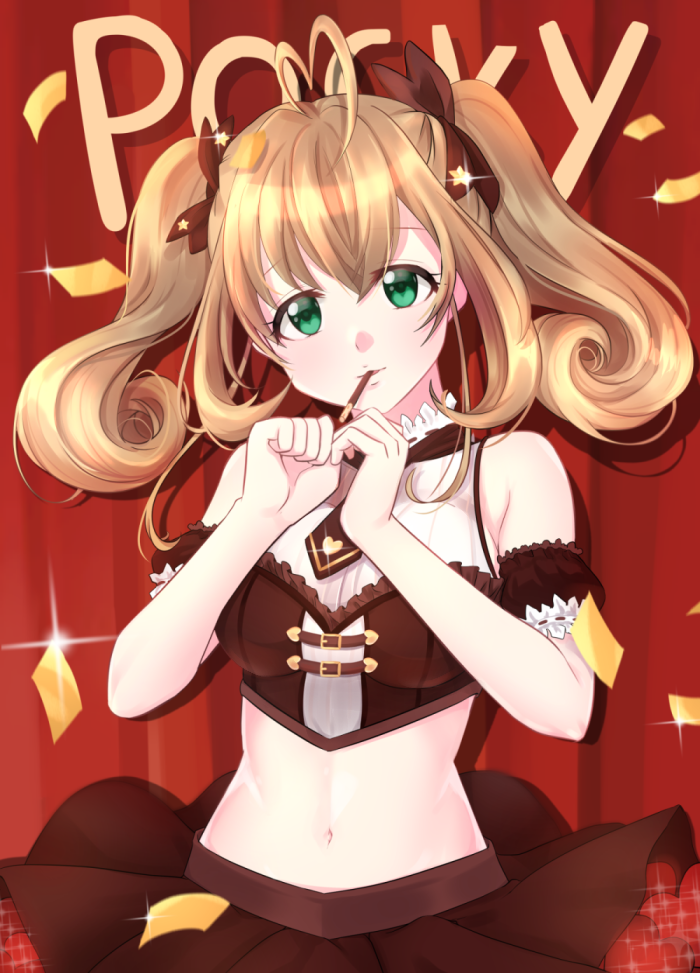 1girl, ahoge, blush, breasts, brown_hair, brown_neckwear, eyebrows_visible_through_hair, food