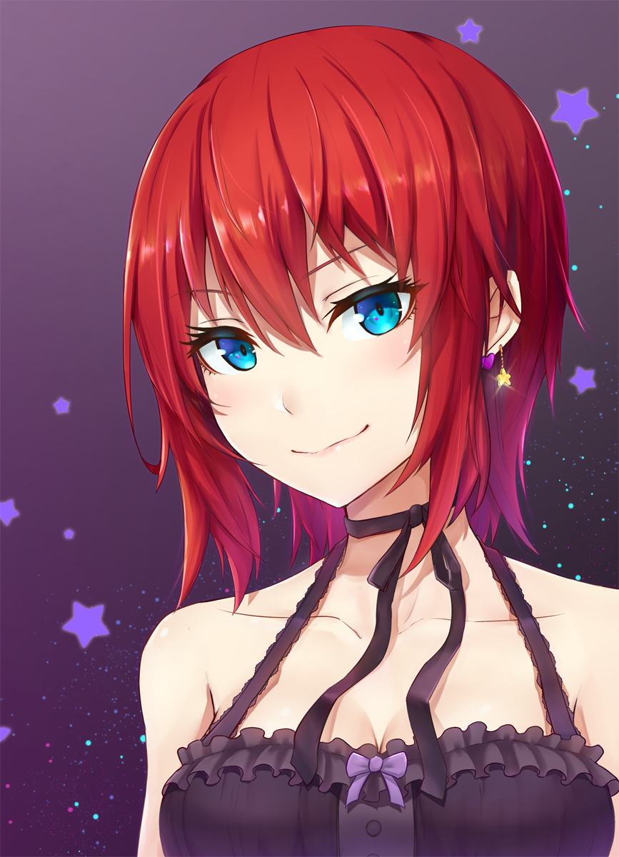 1girl, aqua_eyes, bangs, bare_shoulders, black_dress, breasts, cleavage, closed_mouth