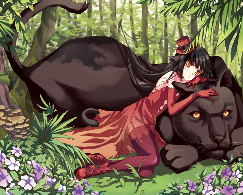 black_hair, black_panther, cat_ears, child, dress, elbow_gloves, flower, gloves