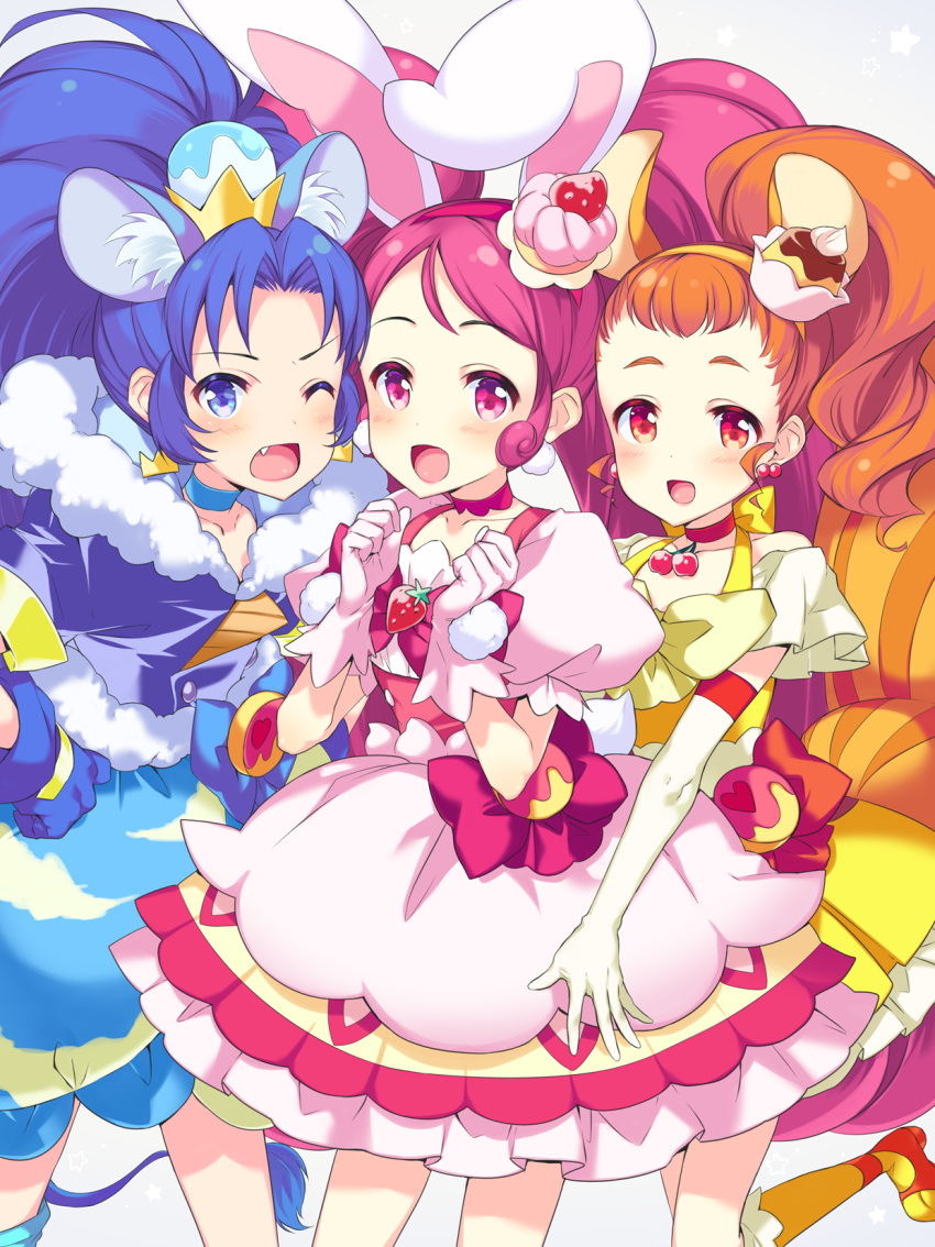 3girls, :d, animal_ears, arisugawa_himari, blue_gloves, blue_hair, blue_neckwear, blue_shirt