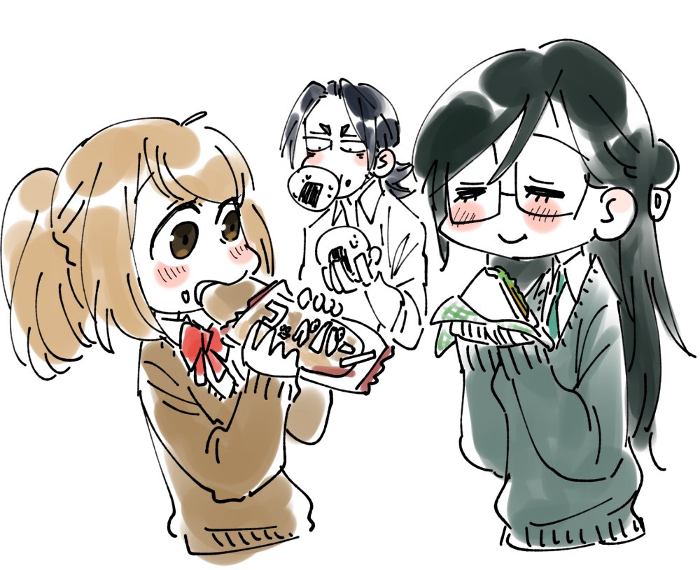 1boy, 2girls, black_hair, bread, brown_hair, eating, food, food_on_face