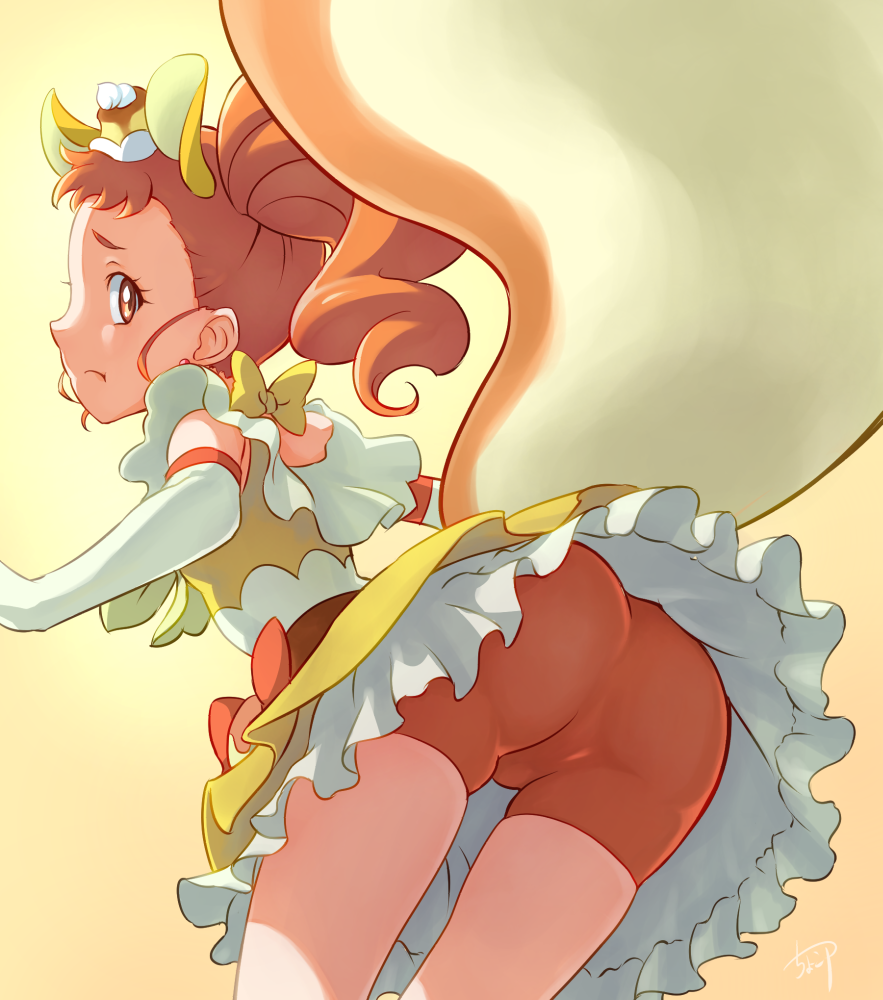1girl, :t, animal_ears, arisugawa_himari, ass, bike_shorts, bow, brown_eyes