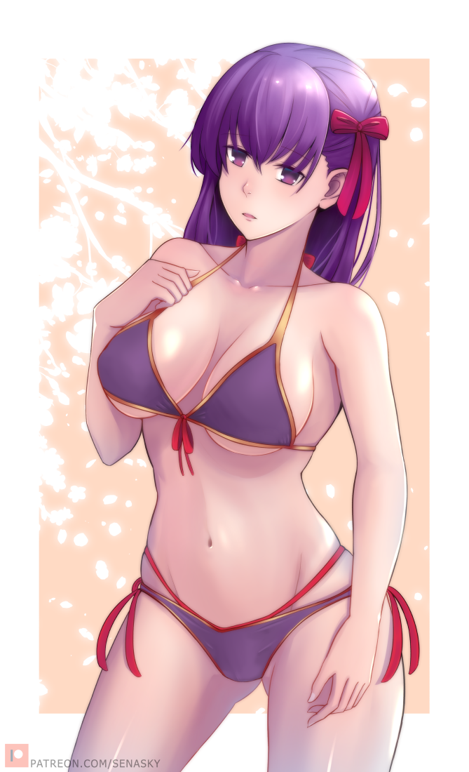 1girl, bangs, bikini, bow, breasts, collarbone, cowboy_shot, fate/stay_night, fate_(series), groin, hair_bow, halter_top, halterneck, highleg, highleg_bikini, large_breasts, long_hair, looking_at_viewer, matou_sakura, navel, parted_lips, purple_bikini, purple_hair, red_bow, senasky, side-tie_bikini, solo, stomach, swimsuit, violet_eyes