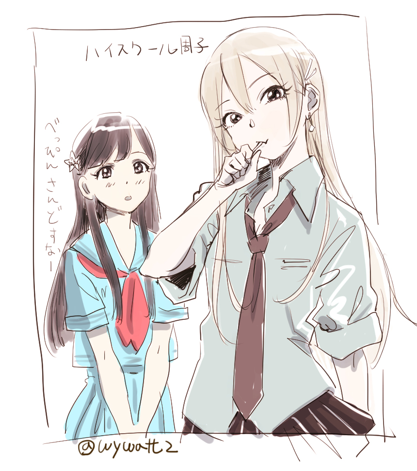 2girls, :o, alternate_hairstyle, bangs, black_eyes, black_hair, blush, candy, commentary_request, earrings, flower, food, grey_hair, hair_between_eyes, hair_flower, hair_ornament, hairpin, idolmaster, idolmaster_cinderella_girls, jewelry, kobayakawa_sae, lollipop, long_hair, looking_at_another, looking_at_viewer, loose_necktie, loose_shirt, mouth_hold, multiple_girls, neckerchief, necktie, parted_bangs, school_uniform, serafuku, shiomi_shuuko, shirt, simple_background, sketch, sleeves_rolled_up, translation_request, twitter_username, watanukin_(etson122127), white_background
