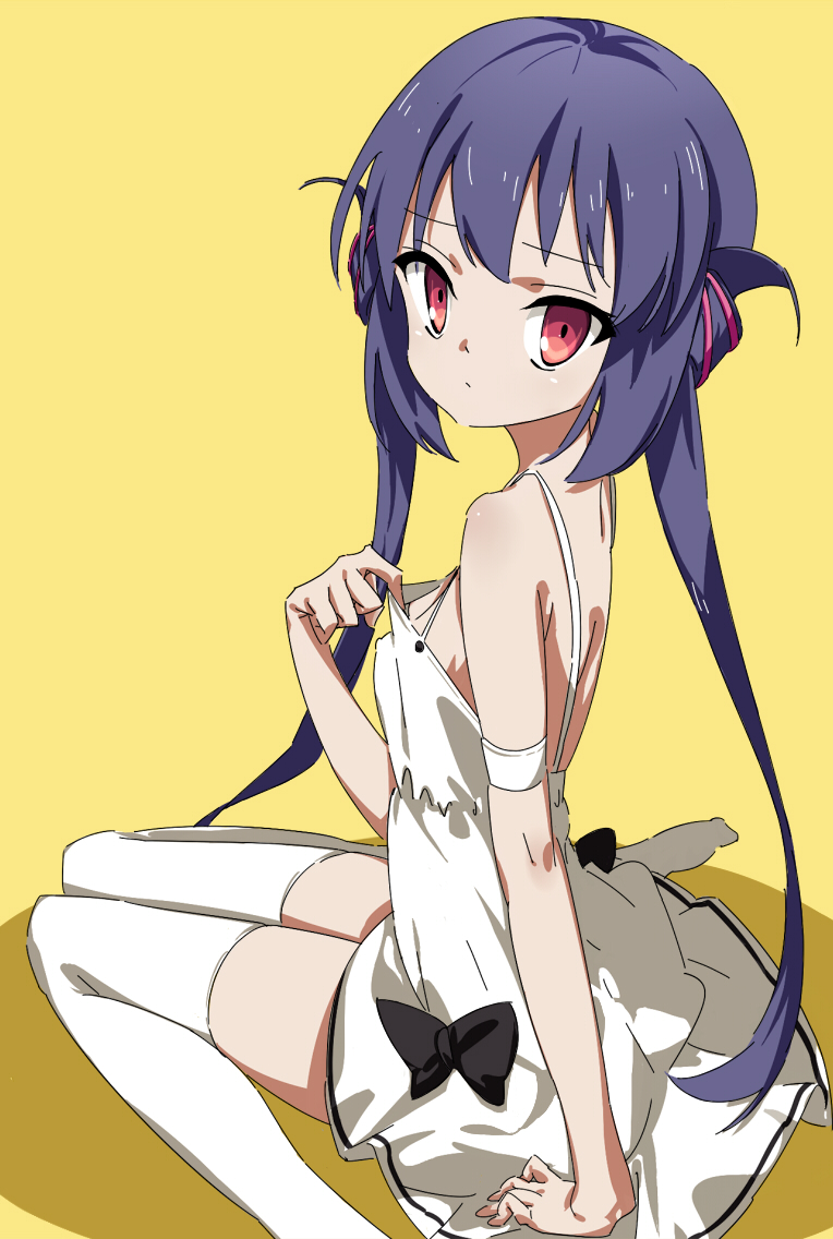 1girl, arm_support, bare_shoulders, black_bow, black_hair, bow, clover_days, dress