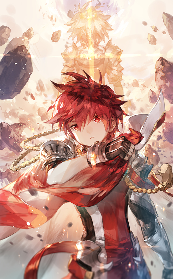 1boy, aiguillette, armor, cape, clouds, elsword, elsword_(character), gloves