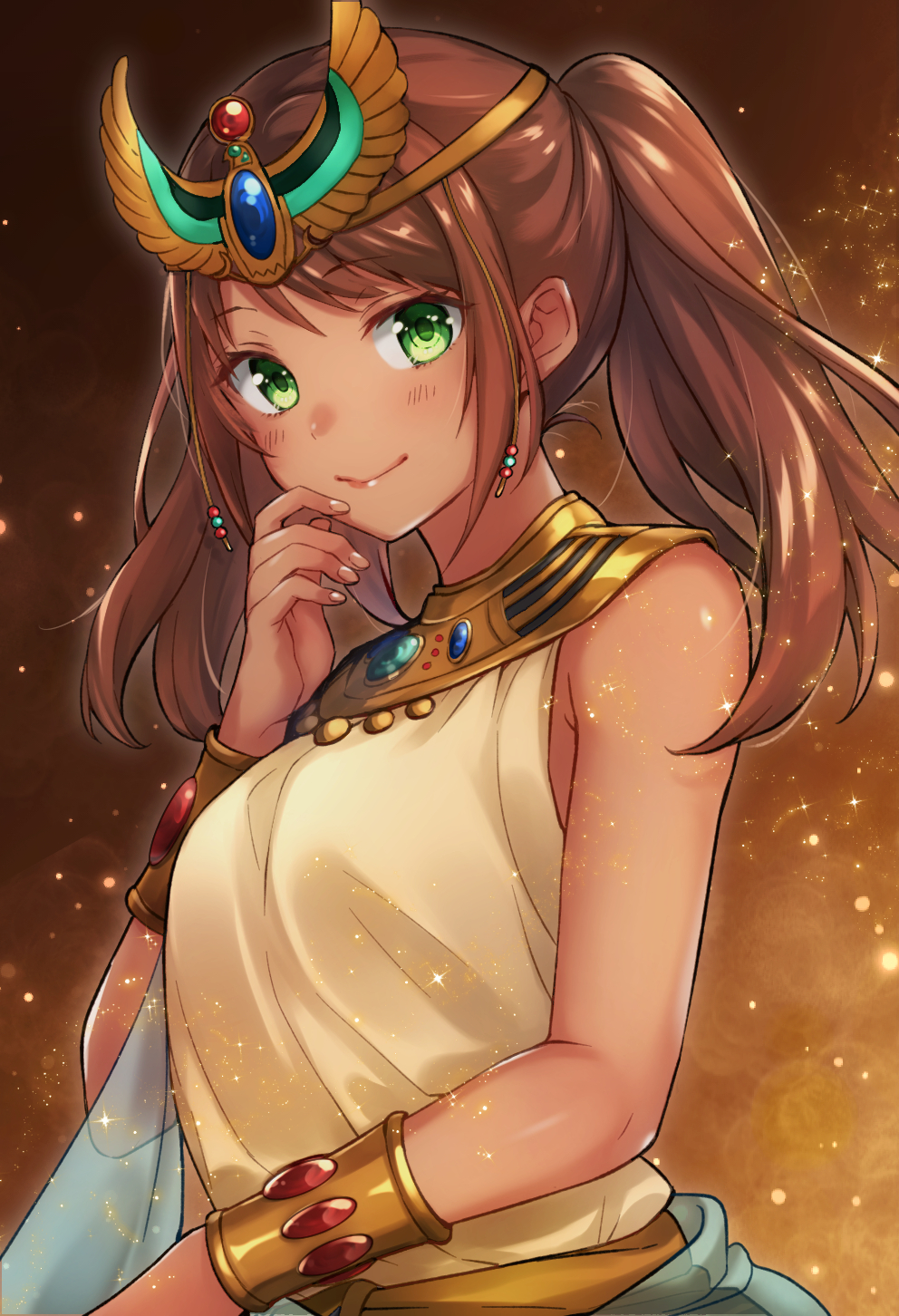 1boy, akariko_(akaringo), bare_shoulders, bracelet, brown_hair, circlet, crossdressinging, egyptian_clothes, gem, green_eyes, hair_ornament, highres, idolmaster, idolmaster_side-m, jewelry, long_hair, looking_at_viewer, male_focus, mizushima_saki, nail_polish, necklace, smile, solo, sparkle, tan, trap, tunic, twintails, upper_body